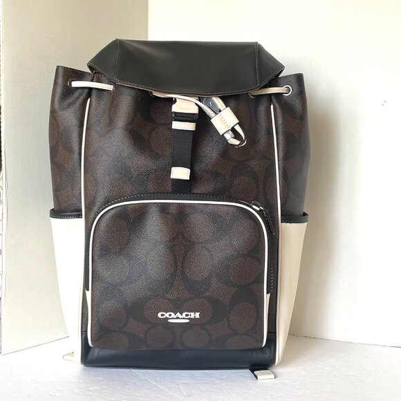 COACH CY775 Racer Backpack Blocked Signature Canvas Leather Walnut Chalk - Picture 11 of 13